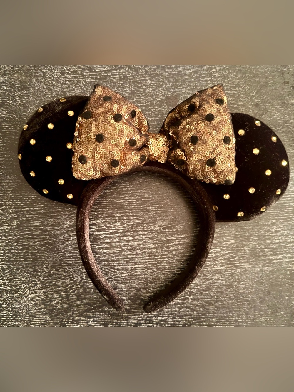 Disney Black Velvet Headband with Gold Rhinestones and Sequined Polka Dot Bow